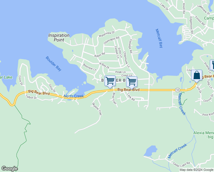map of restaurants, bars, coffee shops, grocery stores, and more near 760 Bluejay Road in Big Bear Lake