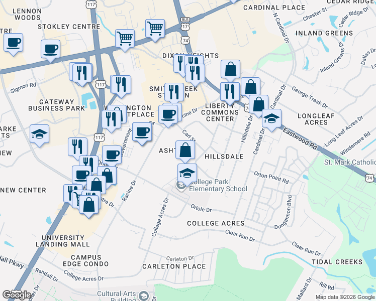 map of restaurants, bars, coffee shops, grocery stores, and more near 233 Racine Drive in Wilmington
