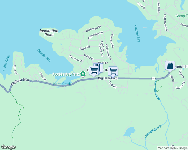 map of restaurants, bars, coffee shops, grocery stores, and more near 760 Bluejay Road in Big Bear Lake