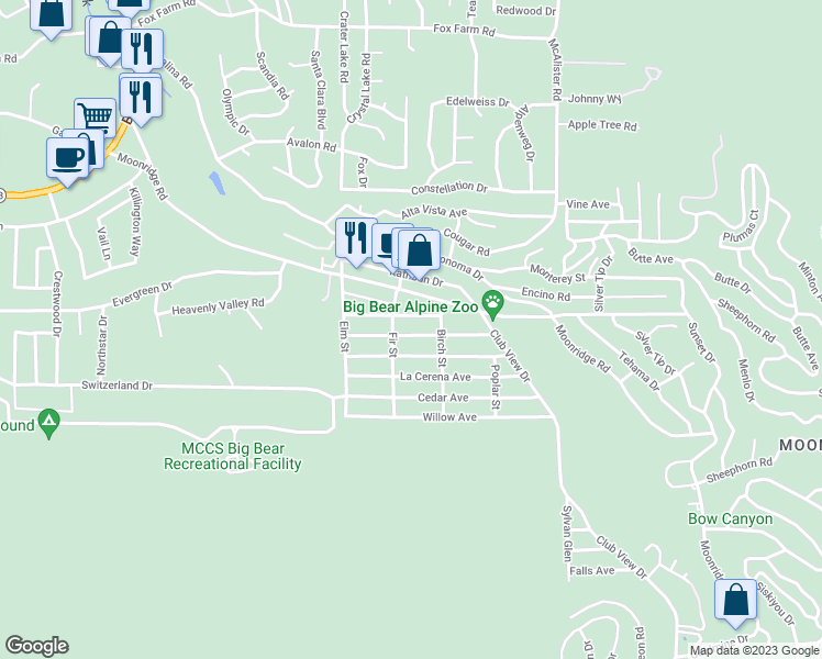 map of restaurants, bars, coffee shops, grocery stores, and more near 42640 Peregrine Avenue in Big Bear Lake