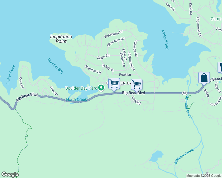 map of restaurants, bars, coffee shops, grocery stores, and more near 760 Bluejay Road in Big Bear Lake