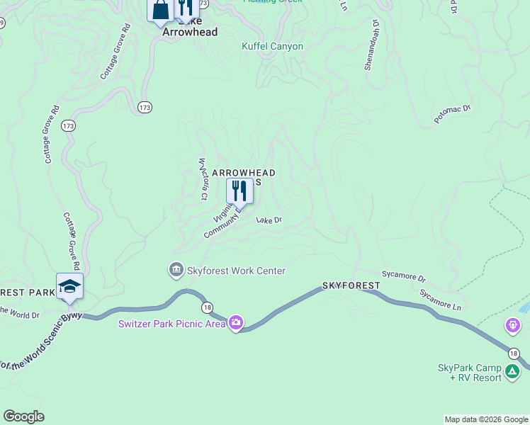 map of restaurants, bars, coffee shops, grocery stores, and more near 792 Lords Lane in Lake Arrowhead