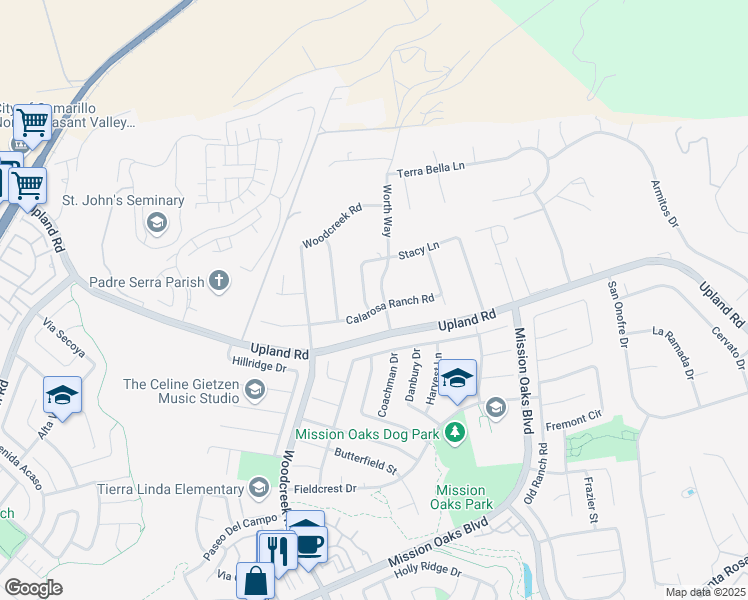 map of restaurants, bars, coffee shops, grocery stores, and more near 2130 Rosa Vista Terrace in Camarillo