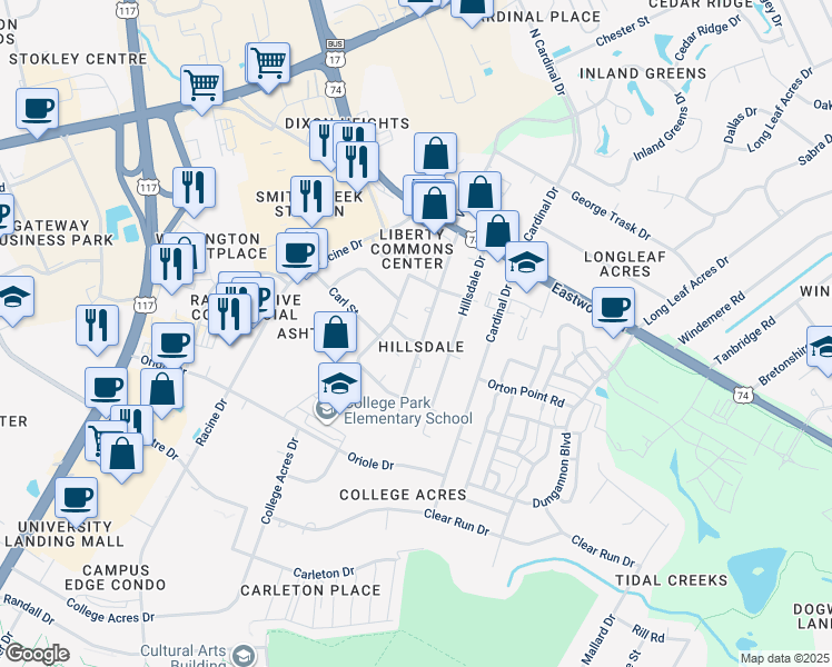 map of restaurants, bars, coffee shops, grocery stores, and more near 142 Charter Drive in Wilmington