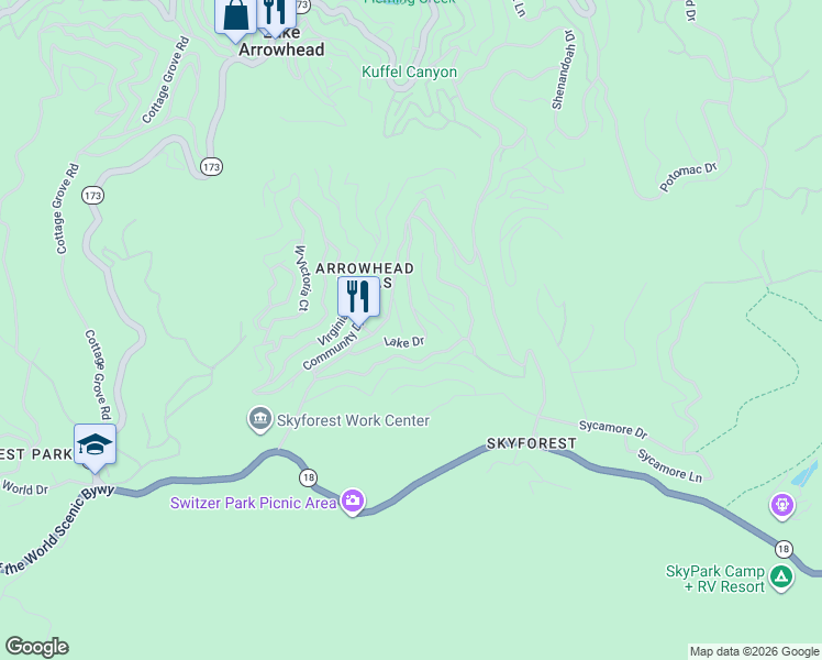 map of restaurants, bars, coffee shops, grocery stores, and more near 782 Lake Drive in Lake Arrowhead