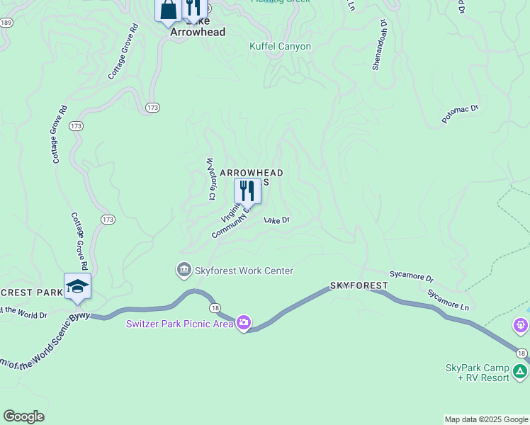 map of restaurants, bars, coffee shops, grocery stores, and more near 783 Arrowhead Villa Road in Lake Arrowhead