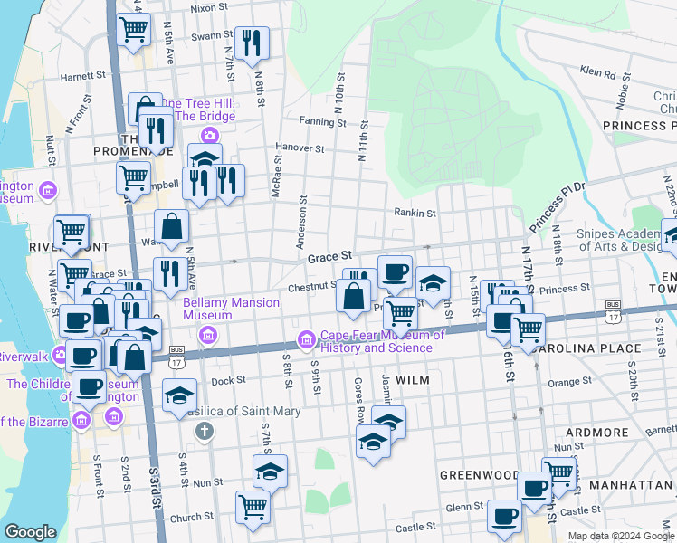 map of restaurants, bars, coffee shops, grocery stores, and more near 210 North 10th Street in Wilmington
