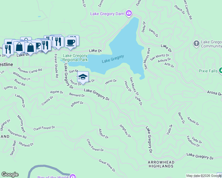 map of restaurants, bars, coffee shops, grocery stores, and more near 743 Bergschrund Drive in Crestline