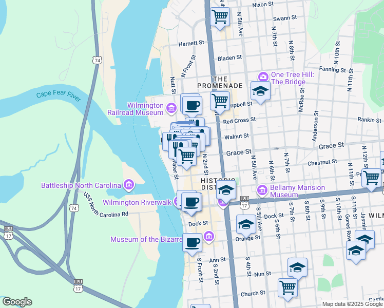 map of restaurants, bars, coffee shops, grocery stores, and more near 304 North Front Street in Wilmington