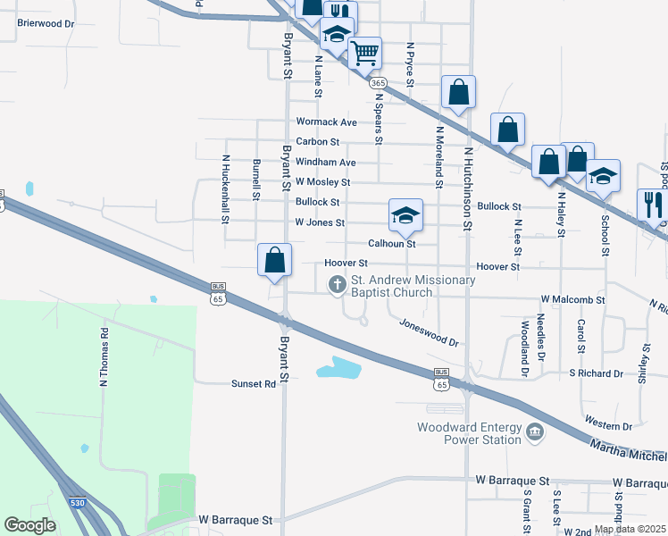 map of restaurants, bars, coffee shops, grocery stores, and more near 5808 Hoover Street in Pine Bluff