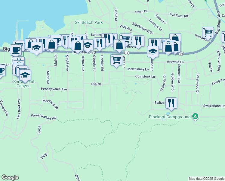 map of restaurants, bars, coffee shops, grocery stores, and more near 745 Eureka Drive in Big Bear Lake