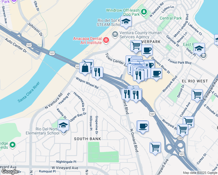 map of restaurants, bars, coffee shops, grocery stores, and more near 2830 Wagon Wheel Road in Oxnard
