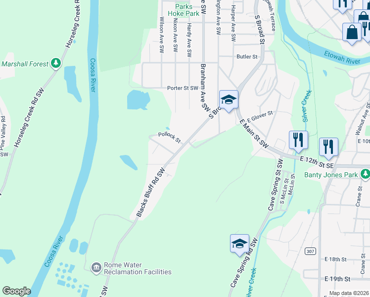 map of restaurants, bars, coffee shops, grocery stores, and more near 902 South Broad Street in Rome