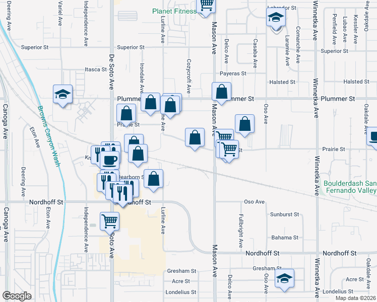 map of restaurants, bars, coffee shops, grocery stores, and more near 20600 Prairie Street in Los Angeles