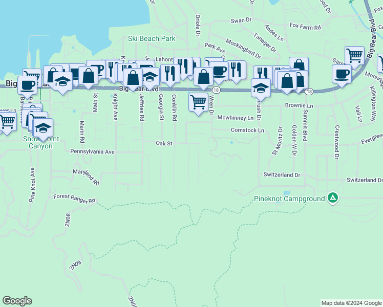 map of restaurants, bars, coffee shops, grocery stores, and more near 745 Eureka Drive in Big Bear Lake