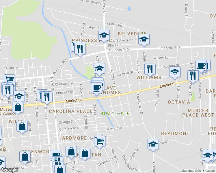 map of restaurants, bars, coffee shops, grocery stores, and more near 2133 Market Street in Wilmington