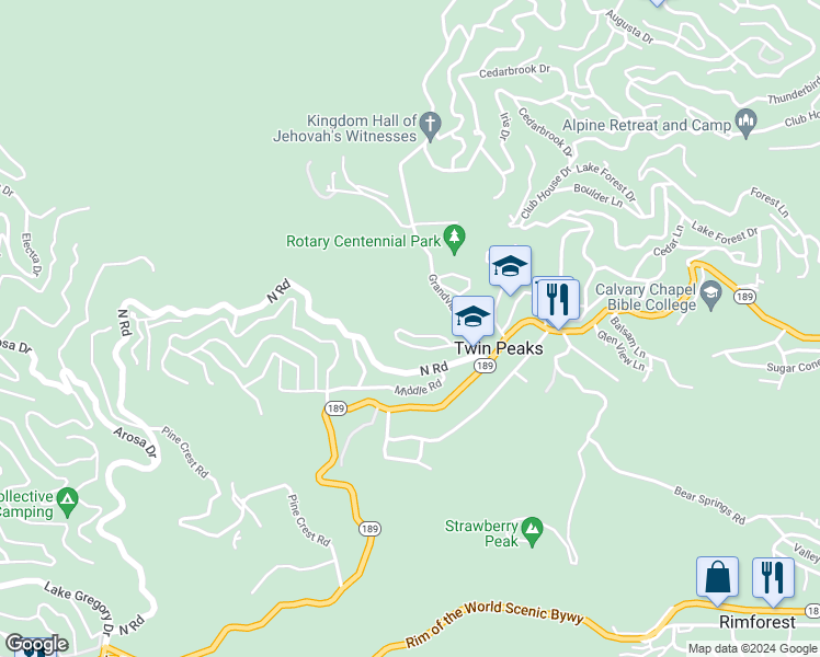 map of restaurants, bars, coffee shops, grocery stores, and more near 25837 Sunset Loop in Twin Peaks