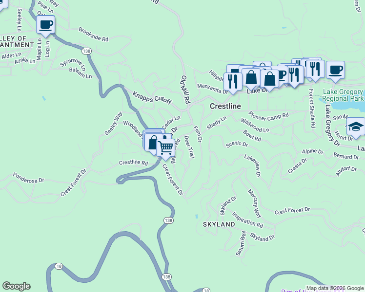 map of restaurants, bars, coffee shops, grocery stores, and more near 791 High Road in Crestline