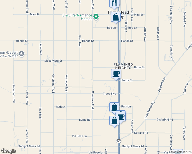 map of restaurants, bars, coffee shops, grocery stores, and more near Perris Street in Homestead Valley