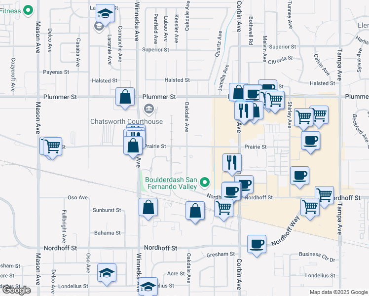 map of restaurants, bars, coffee shops, grocery stores, and more near 19900 Prairie Street in Los Angeles