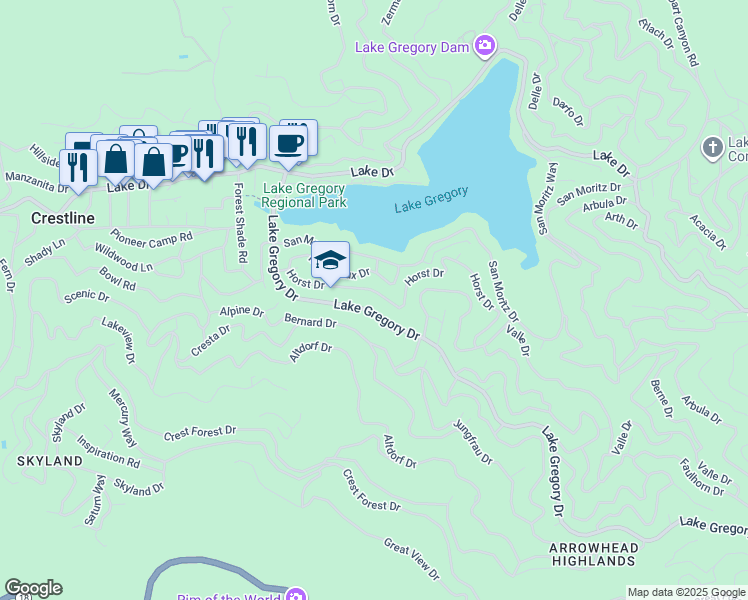 map of restaurants, bars, coffee shops, grocery stores, and more near 24333 Horst Drive in Crestline