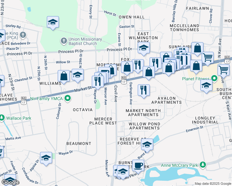 map of restaurants, bars, coffee shops, grocery stores, and more near 29 Covil Avenue in Wilmington