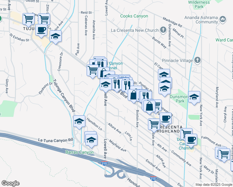 map of restaurants, bars, coffee shops, grocery stores, and more near 3900 Foothill Boulevard in Glendale