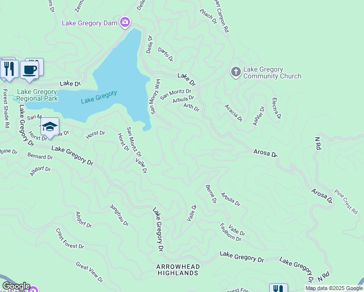 map of restaurants, bars, coffee shops, grocery stores, and more near 800 Arbula Drive in Crestline