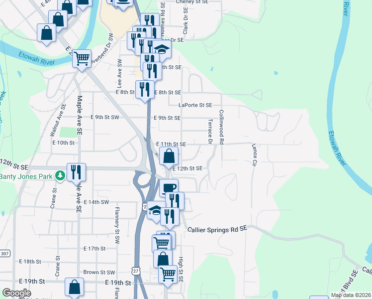 map of restaurants, bars, coffee shops, grocery stores, and more near 302 E 11th St SE in Rome