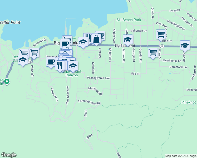 map of restaurants, bars, coffee shops, grocery stores, and more near 41063 Pennsylvania Avenue in Big Bear Lake