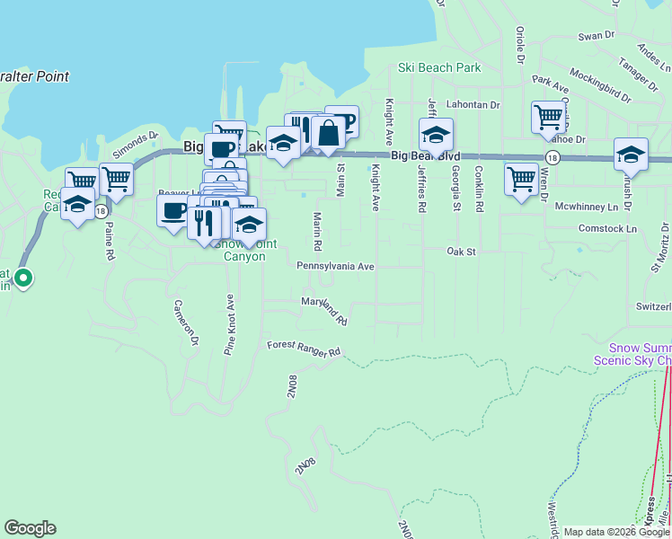 map of restaurants, bars, coffee shops, grocery stores, and more near 41063 Pennsylvania Avenue in Big Bear Lake