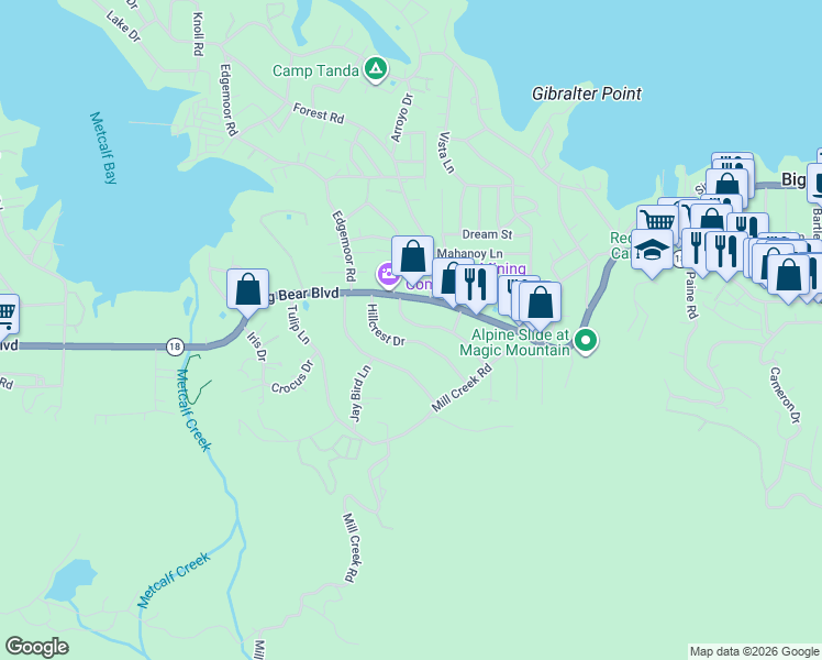map of restaurants, bars, coffee shops, grocery stores, and more near 40067 Highland Road in Big Bear Lake
