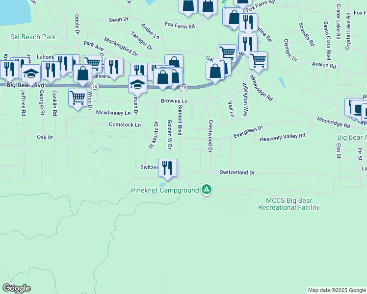 map of restaurants, bars, coffee shops, grocery stores, and more near 733 Summit Boulevard in Big Bear Lake