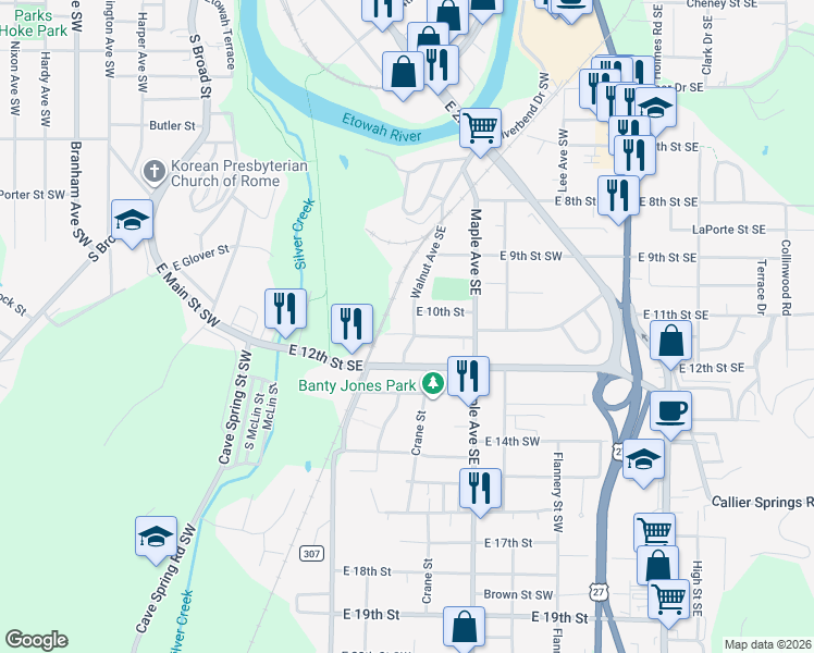 map of restaurants, bars, coffee shops, grocery stores, and more near 1006 Walnut Avenue Southeast in Rome
