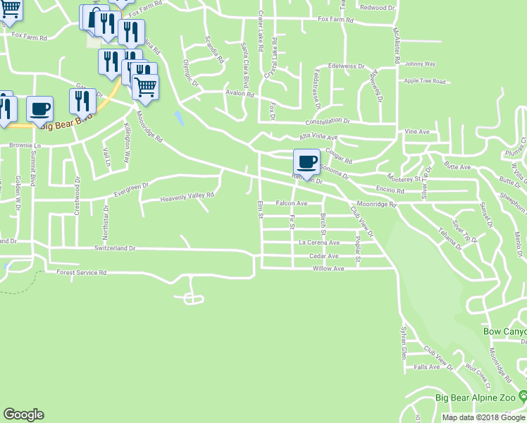 map of restaurants, bars, coffee shops, grocery stores, and more near 723 Elm Street in Big Bear Lake