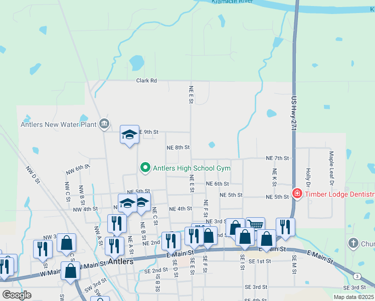 map of restaurants, bars, coffee shops, grocery stores, and more near 713 Northeast E Street in Antlers
