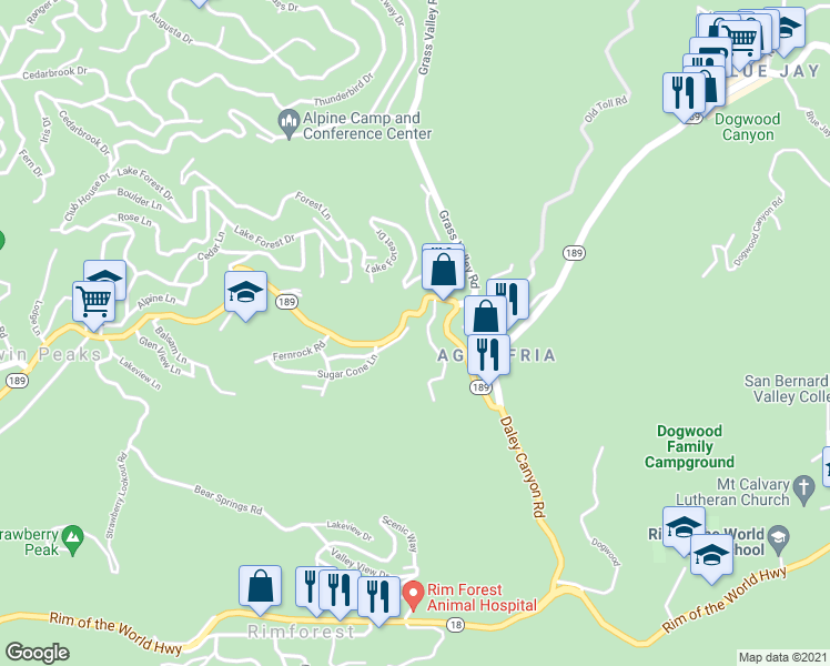 map of restaurants, bars, coffee shops, grocery stores, and more near 26669 California 189 in Twin Peaks