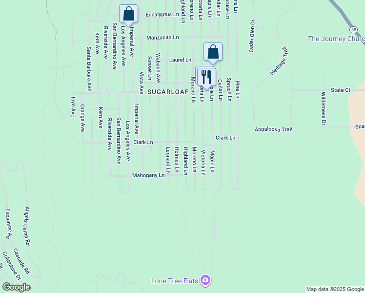 map of restaurants, bars, coffee shops, grocery stores, and more near 726 Highland Lane in Big Bear