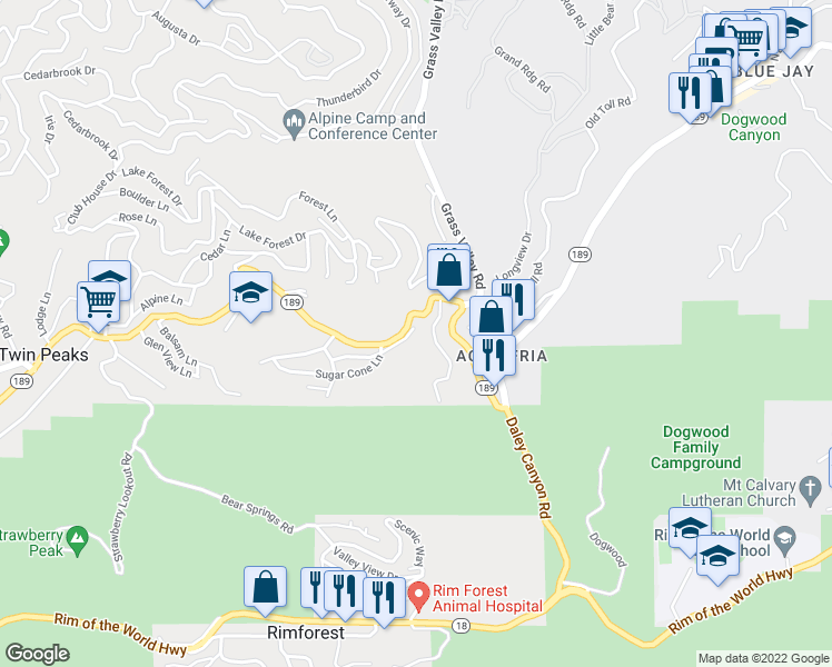 map of restaurants, bars, coffee shops, grocery stores, and more near 26669 California 189 in Twin Peaks