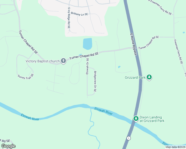 map of restaurants, bars, coffee shops, grocery stores, and more near 8 Bridgeview Drive Southeast in Rome