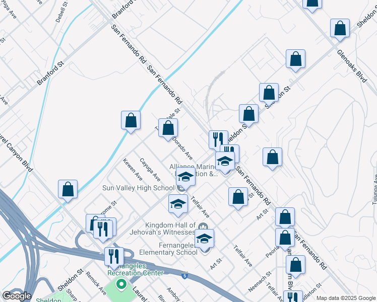 map of restaurants, bars, coffee shops, grocery stores, and more near 9346 El Dorado Avenue in Los Angeles