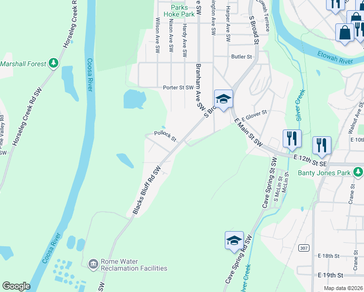 map of restaurants, bars, coffee shops, grocery stores, and more near 902 South Broad Street in Rome