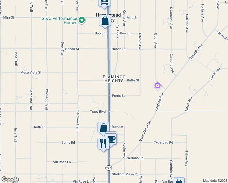 map of restaurants, bars, coffee shops, grocery stores, and more near 56130 Perris Street in Yucca Valley