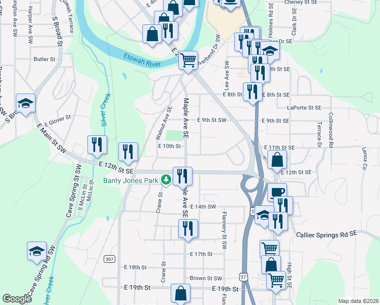 map of restaurants, bars, coffee shops, grocery stores, and more near 927 Maple Avenue Southeast in Rome
