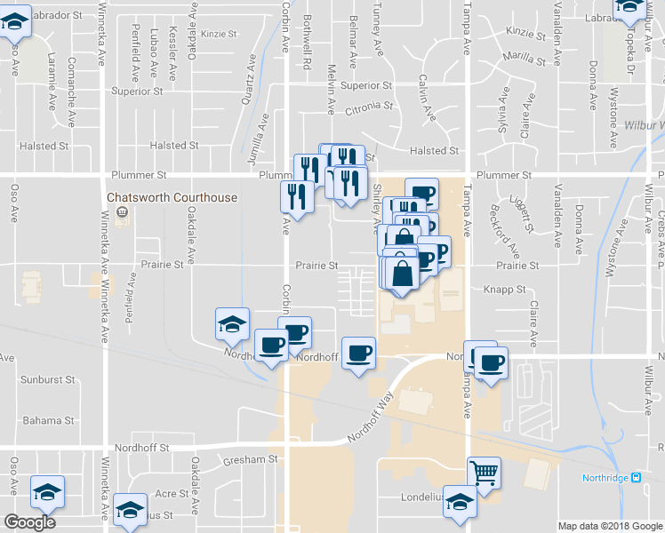 map of restaurants, bars, coffee shops, grocery stores, and more near 19598 Prairie Street in Los Angeles