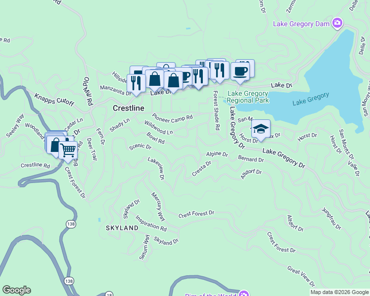 map of restaurants, bars, coffee shops, grocery stores, and more near 23953 Bowl Road in Crestline