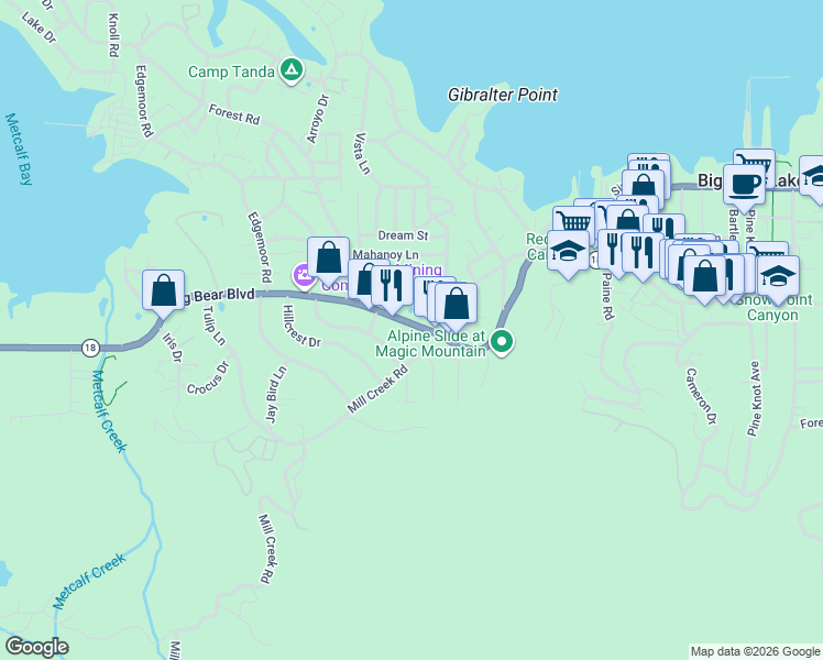 map of restaurants, bars, coffee shops, grocery stores, and more near 40229 Big Bear Boulevard in Big Bear Lake