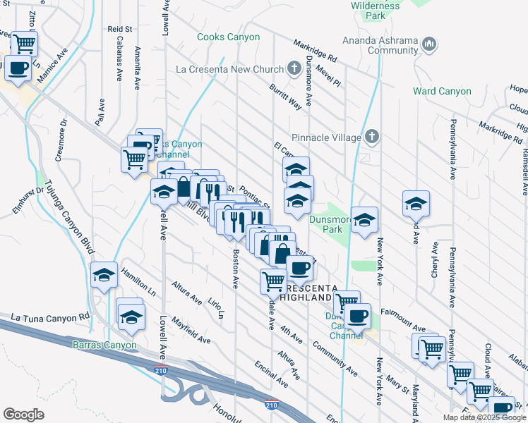 map of restaurants, bars, coffee shops, grocery stores, and more near 3702 Pontiac Street in Glendale