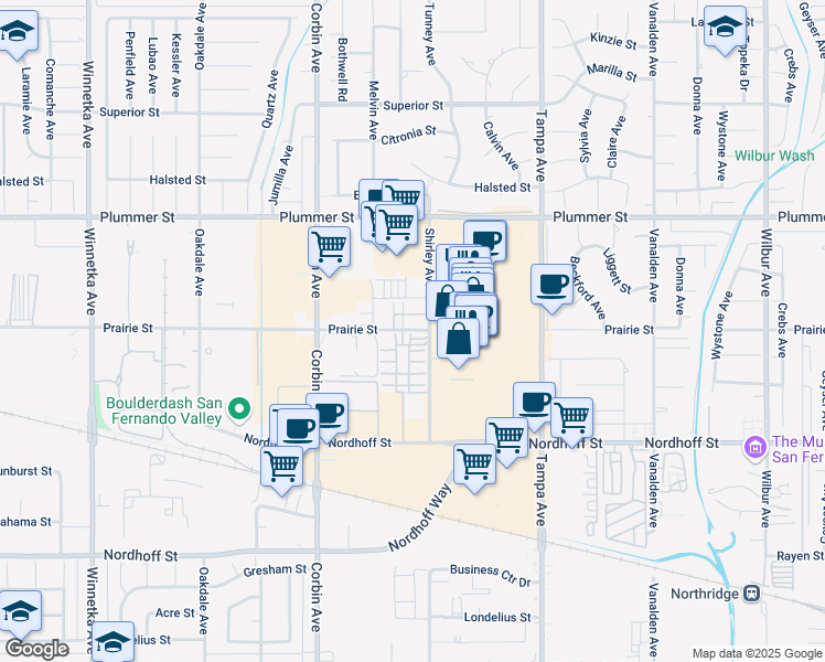 map of restaurants, bars, coffee shops, grocery stores, and more near 19511 Prairie Street in Los Angeles