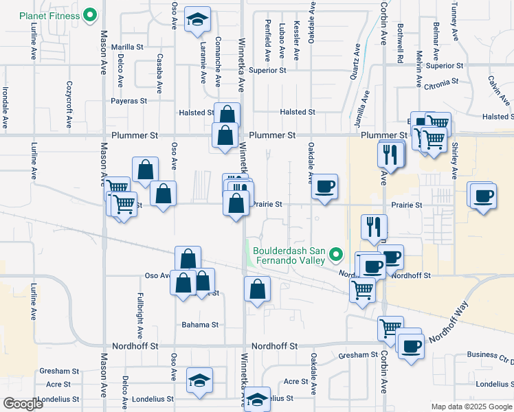map of restaurants, bars, coffee shops, grocery stores, and more near 20045 Prairie Street in Los Angeles